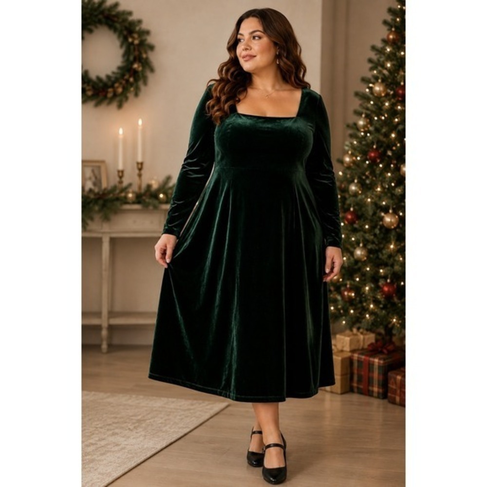 JessaKae Emerald Velvet Midi Dress Womens 5X Plus Size Square Neck Holiday